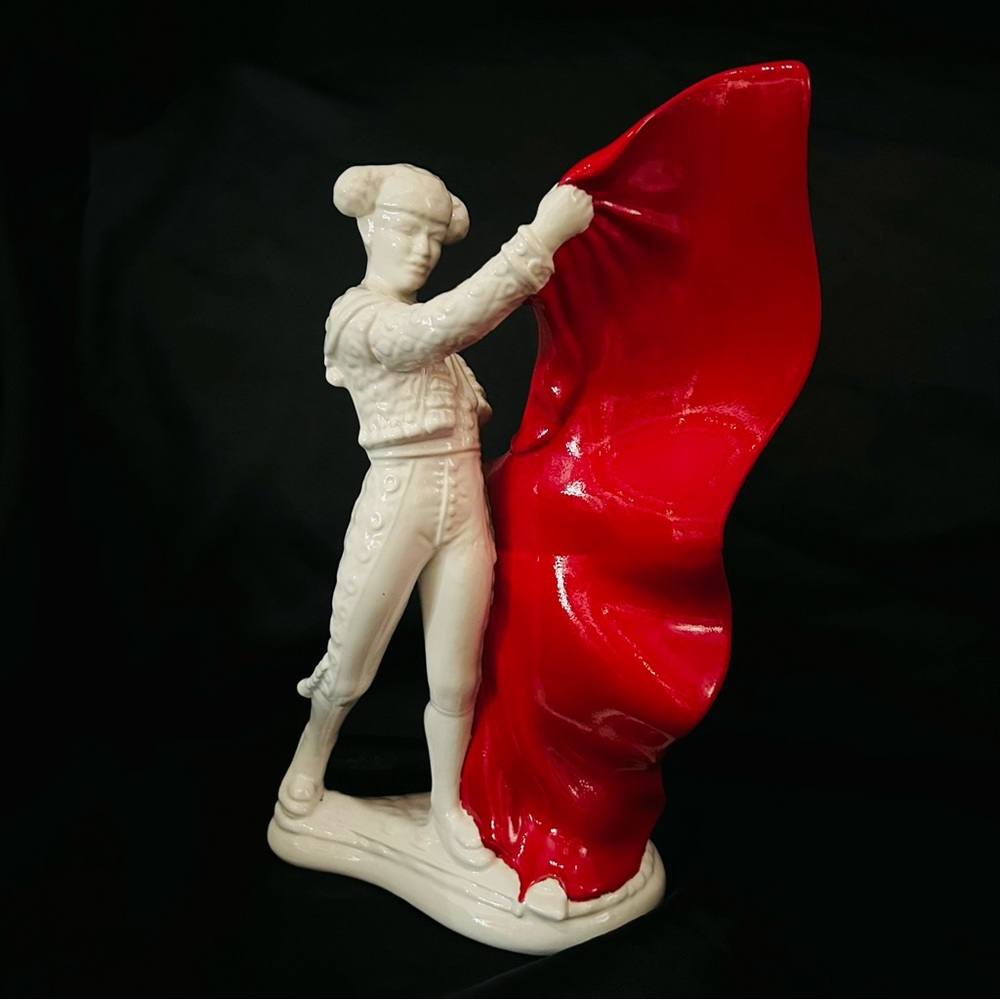 Vintage Mid Century White + Red Ceramic Bullfighter/Matador Statue